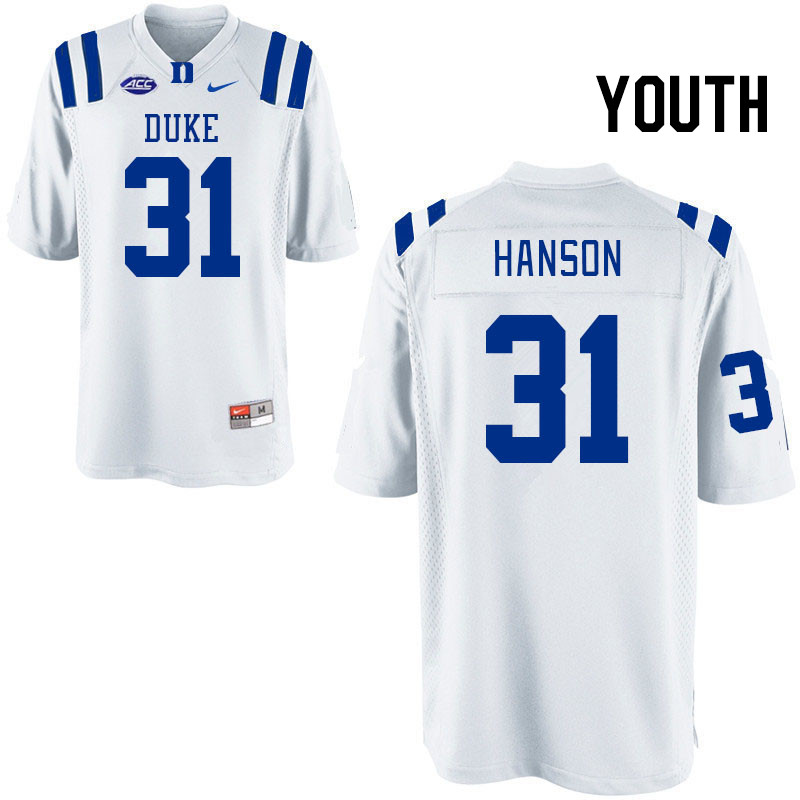 Youth #31 River Hanson Duke Blue Devils College Football Jerseys Stitched Sale-White